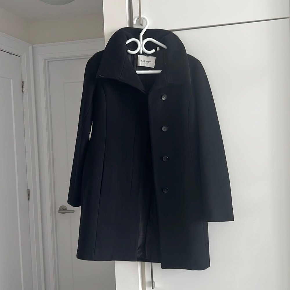 Babaton Black Wool Blend Funnel Neck Coat - Picture 3 of 9